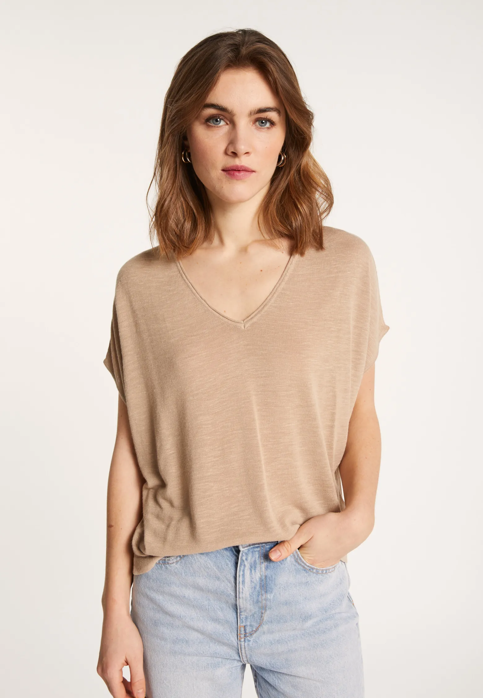 Montagut Flamed linen V-neck loose T-shirt - Marra