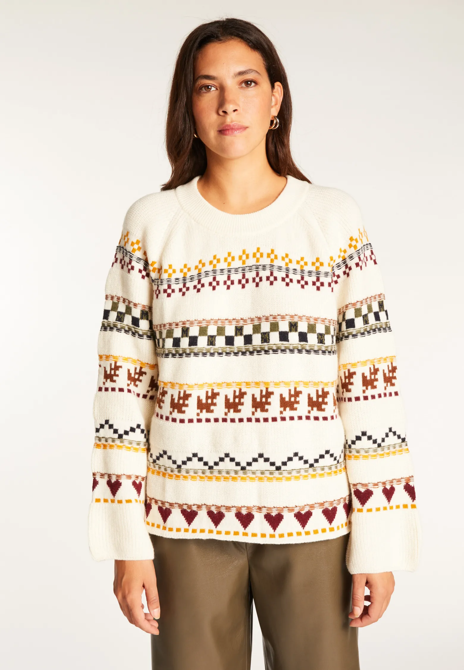 Montagut Round neck sweater with patterns in merino wool - Romance
