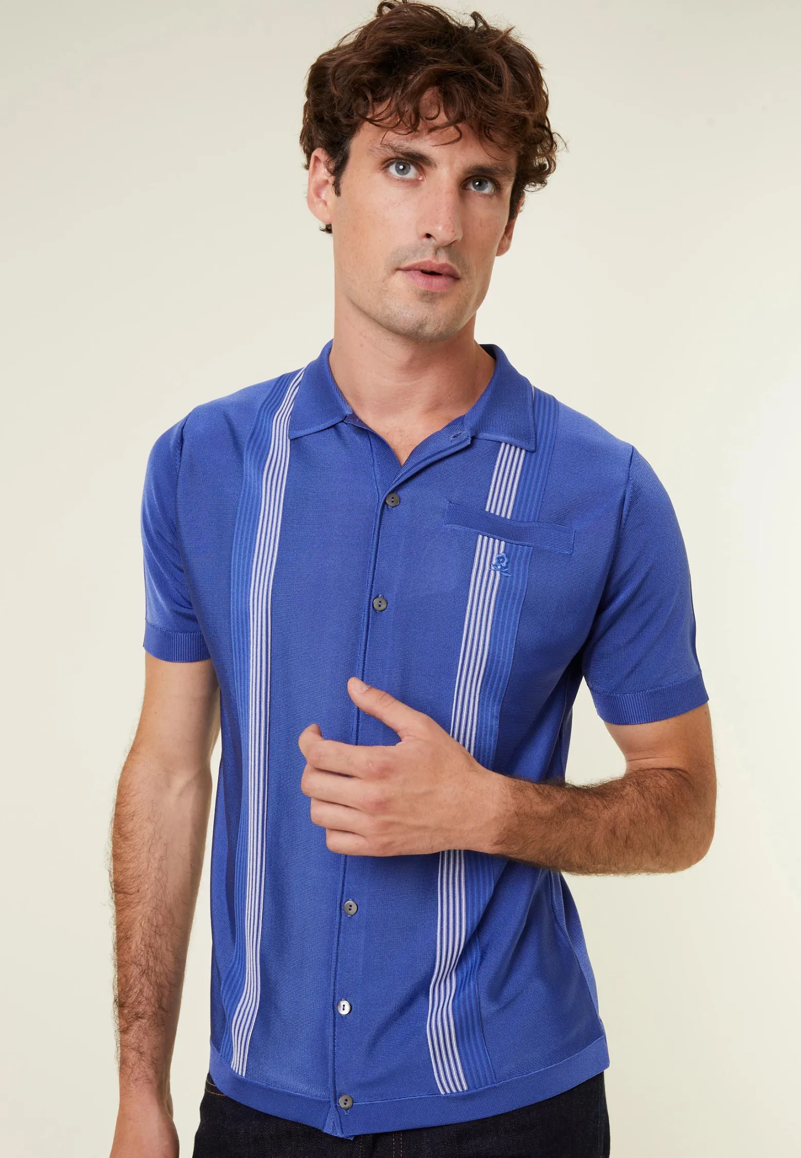 Montagut Short Sleeve Striped Shirt in Fil Lumiere - Fabion