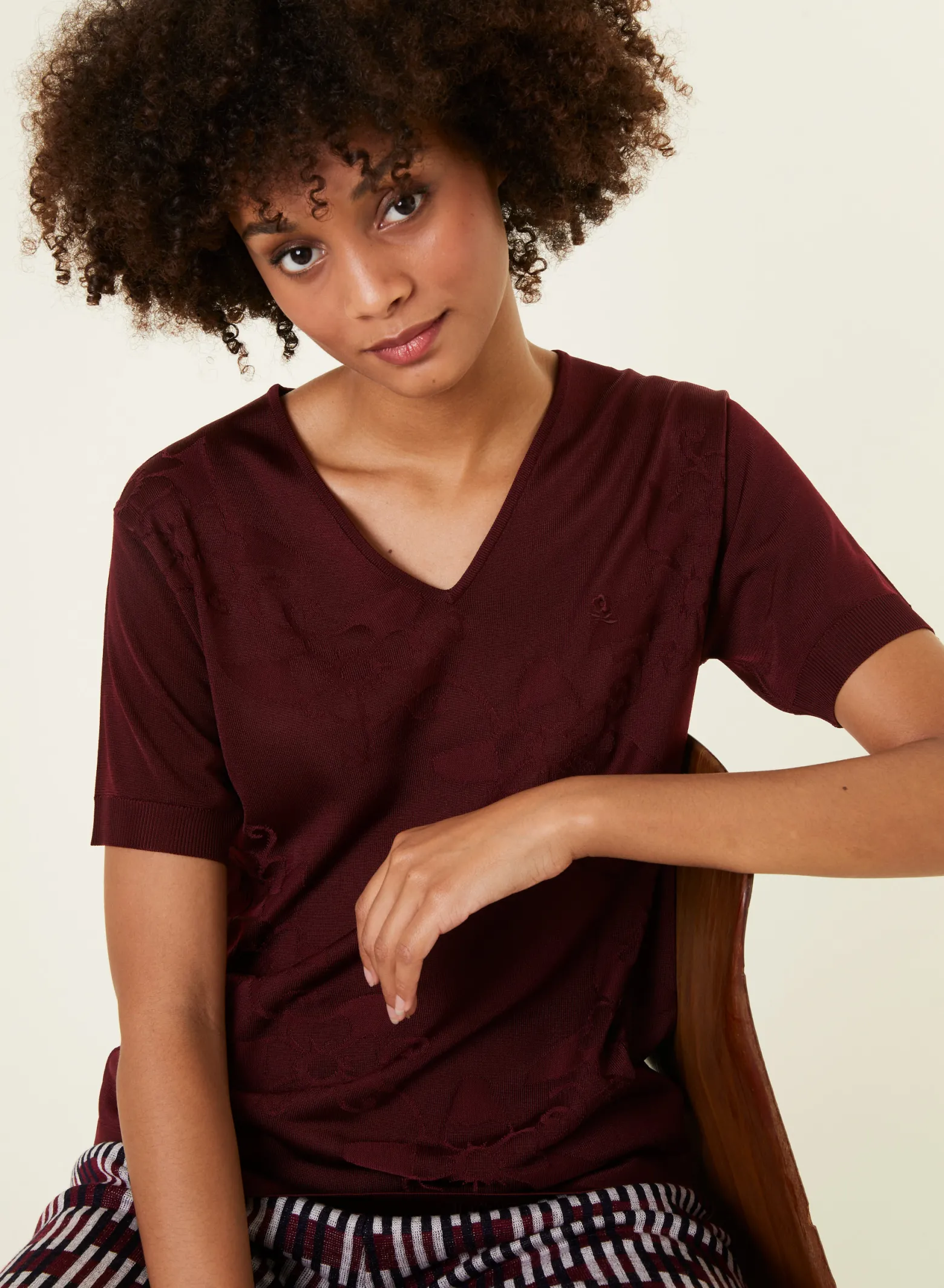 Montagut V-neck T-shirt Fil Lumière short sleeves patterned - Elise